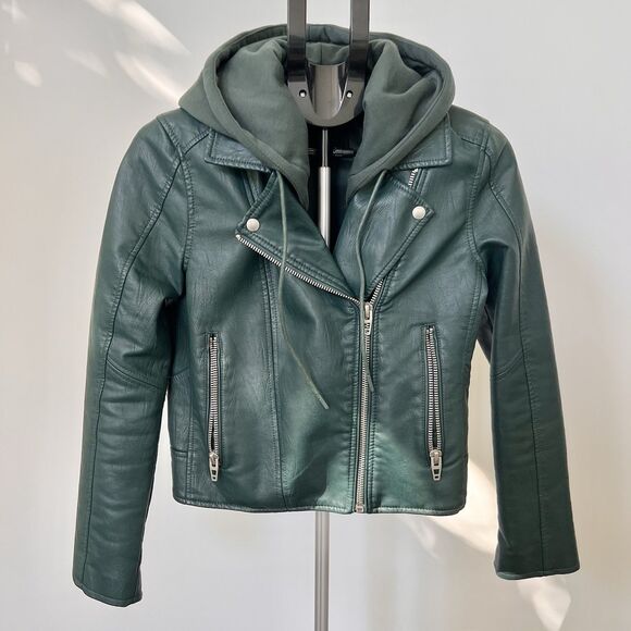 Blank NYC Moto Jacket With Removable Hood Size Small In Green Faux Leather GUC - Picture 3 of 9